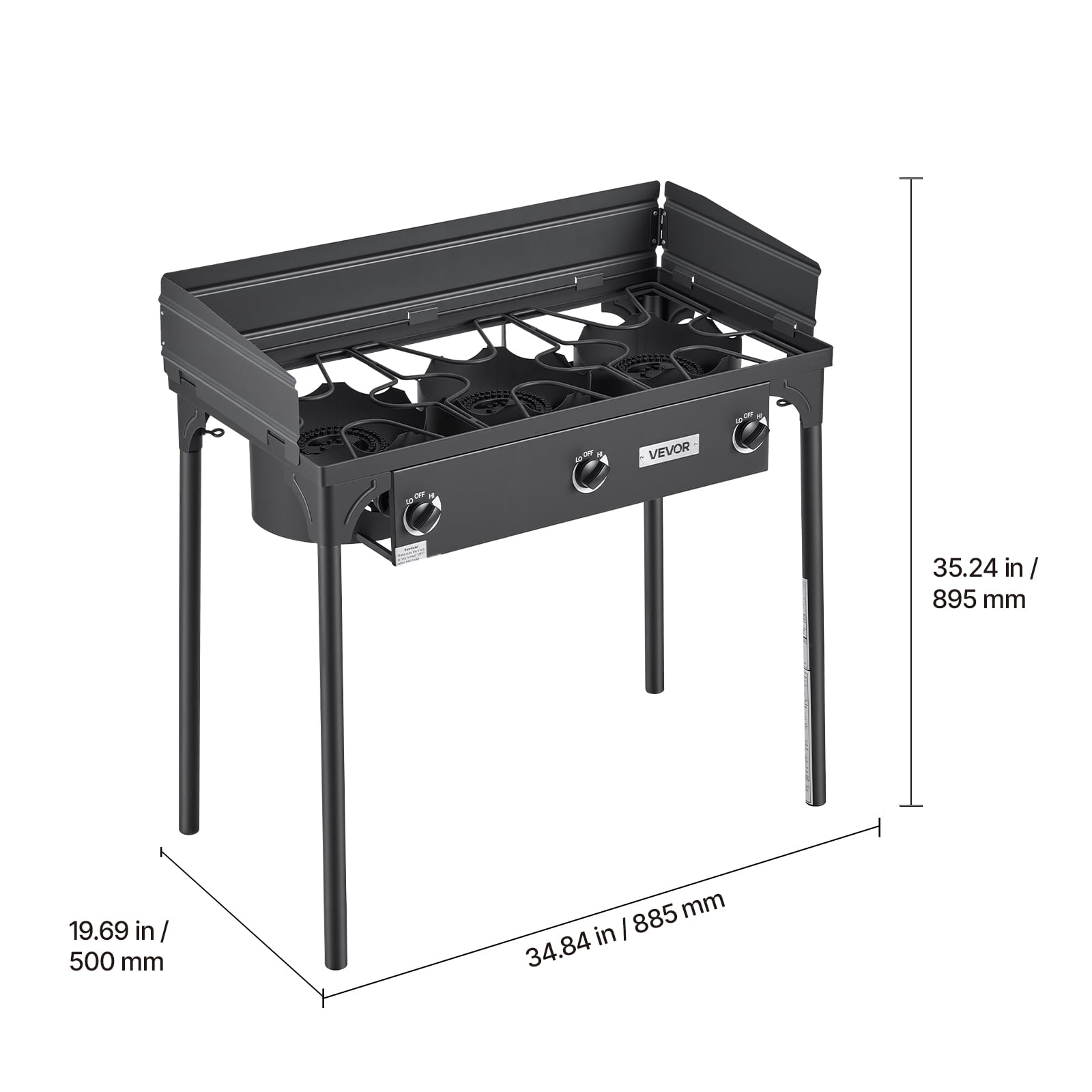 VEVOR 3 Burner Outdoor Propane Gas Stove, 225,000 BTU Propane LPG Gas Camping Stove, Heavy-duty Carbon Steel Outdoor Cooker, with Shield & Tall Stand & Regulator, for BBQ Camp Home Patio Backyard