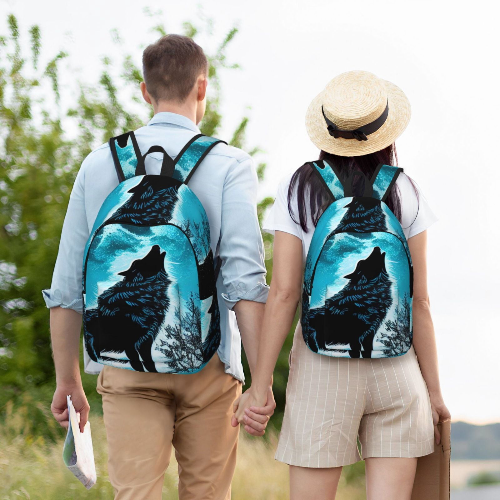 Kuqiui Blue Full Moon Wolf Print Canvas Travel Laptop Backpack for Men Women,Business Work Rucksack College School Computer Bag Fits 15.6 Inch Notebook