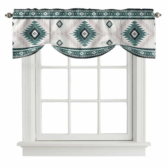 Tie Up Valances for Windows, Green Beige Boho Adjustable Valance Curtains Window Treatment for Living Room/Bedroom, Vintage Ethnic Tribal Southwestern Rod Pocket Kitchen Curtains & Drapes 54x18 Inch