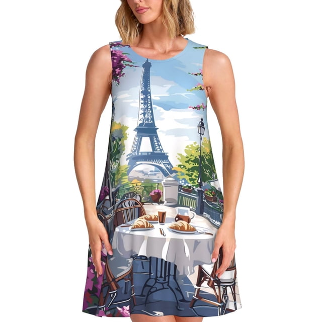 Balery Parisian Cafe With Eiffel Vestidos de verano para mujer con estampado: vestido holgado sin mangas, vestido playero informal y cómodo para días calurosos.