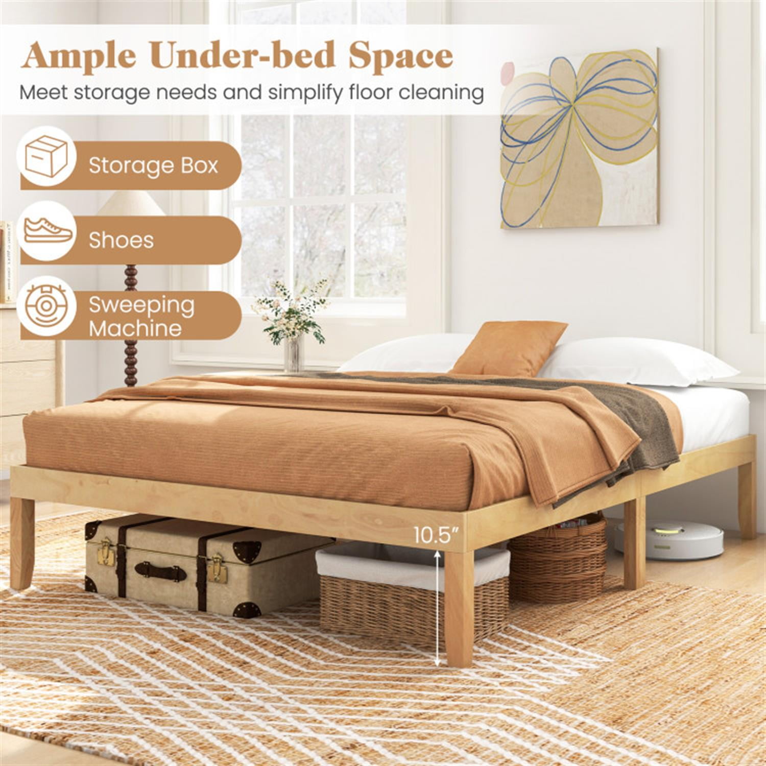 Demi Bonn Full Size Bed Frame with Wooden Slats Support and Rubber Wood Legs, Acacia Wood Platform Bed Frame with Under Bed Storage, No Box Spring Needed, Beige