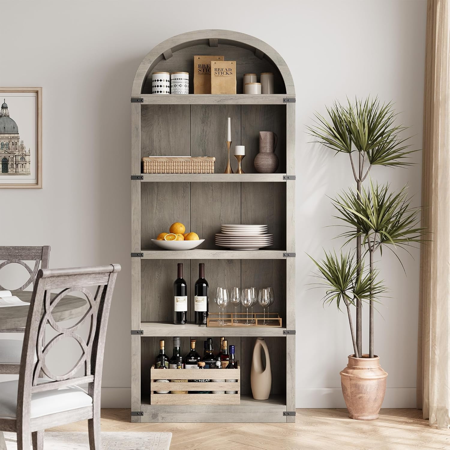 Accreate Bookcase 5 Shelf Arched Bookshelf 71.65in Tall Bookcase Farmhouse Display Storage Rack Wooden Bookshelves for Home office, Living Room