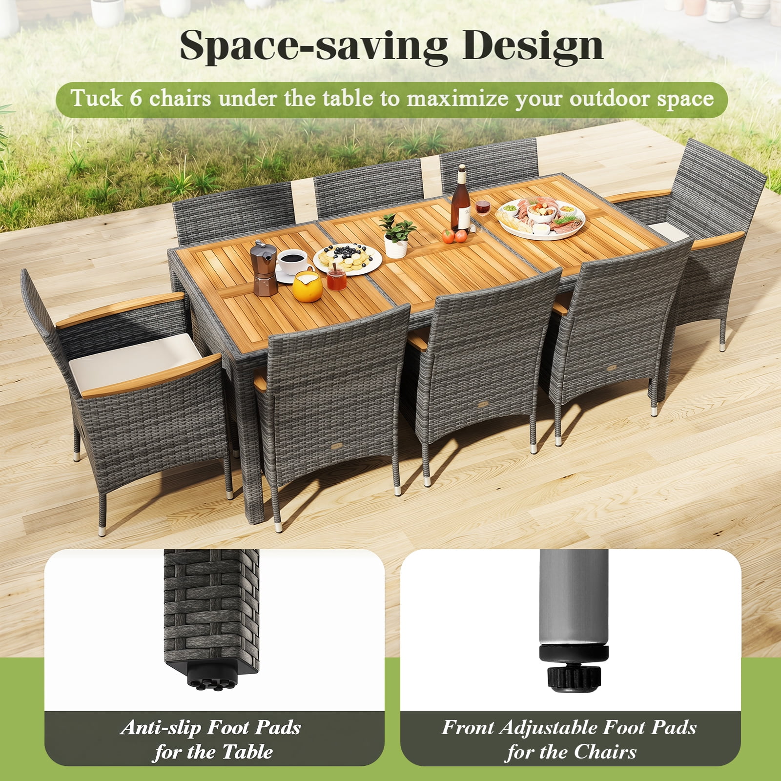 Patiojoy 9PCS Patio Rattan Furniture Dining Set Acacia Wood Table Cushioned Chair for Outdoor