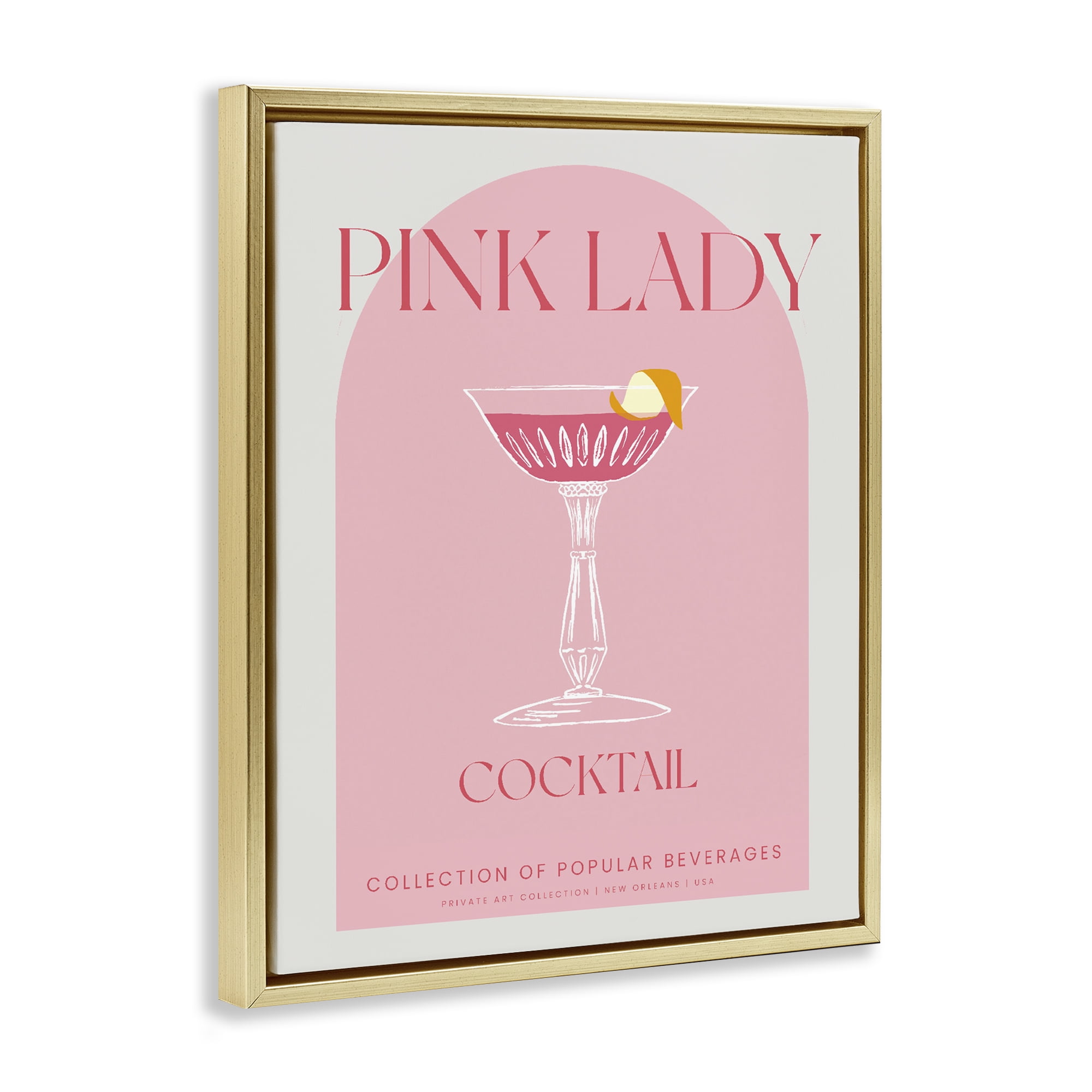 Stylish Retro Pink Lady Gold Framed Floater Canvas Wall Art, design by Lil' Rue