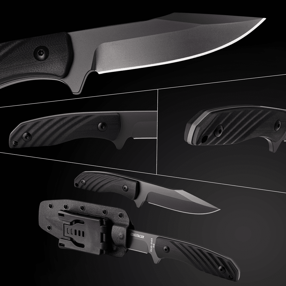 OERLA OLK-D45 Tactical Survival Knife with Kydex Sheath, D2 High Carbon Steel Fixed Blade Outdoor Knife, G10 Handle, EDC Tactical Belt Clip