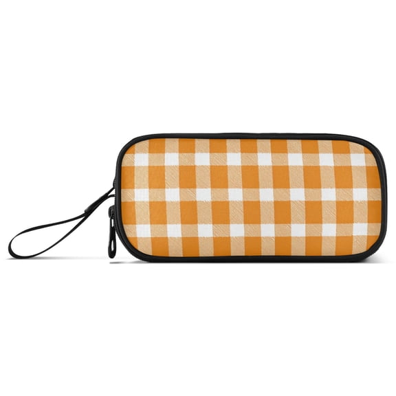 Orange Plaids Pencil Case Stationary Holder Pen Bag Pencil Pouch Tool Organizer 3 Compartments