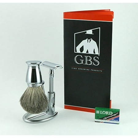 Blade Free Stand 3 Piece Shaving Set Merkur 23c (23001) Razor, Pure Badger Chrome Brush and Chrome Compact Brush and Razor Stand Comes with Free 5 Pack of De Blades ()