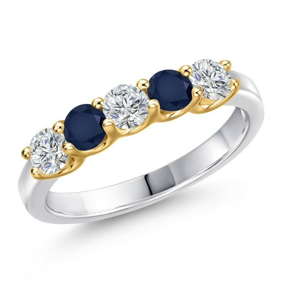 Gem Stone King 925 Silver and 10K Yellow Gold Lab Grown Diamond and Blue Sapphire Wedding-Bands Ring for Women | 0.95 Cttw | Round 3.5MM | Gemstone April Birthstone | Size 6