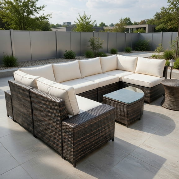 Resenkos 6 Piece Wicker Patio Sectional Sofa Set with Tempered Glass Coffee Table-White, Patio Seating Conversation Set, Modern Patio Sofa Sectional Proof for Patio Back Deck