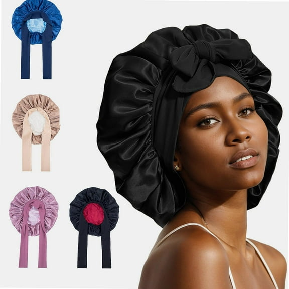 Satin Bonnet Silk Bonnet Hair Bonnet for Sleeping Double Layer Hair Bonnet with Elastic Tie Band for Women Natural Curly Hair(Pink,black,blue，Brown)