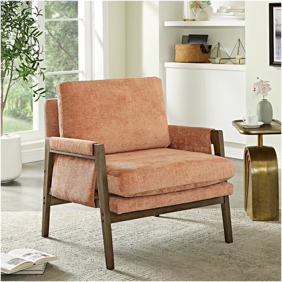 Mid-Century Modern Orange Velvet Accent Chair with Padded Armrests