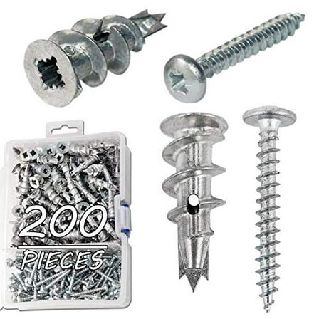 Zinc Self Drilling Drywall Hollow-Wall Anchors with Screws Kit, 100 Heavy Duty Metal Wall Anchors and 100#8 x 1-1/4'' Screws - 200 Pieces All Together$$Hardware