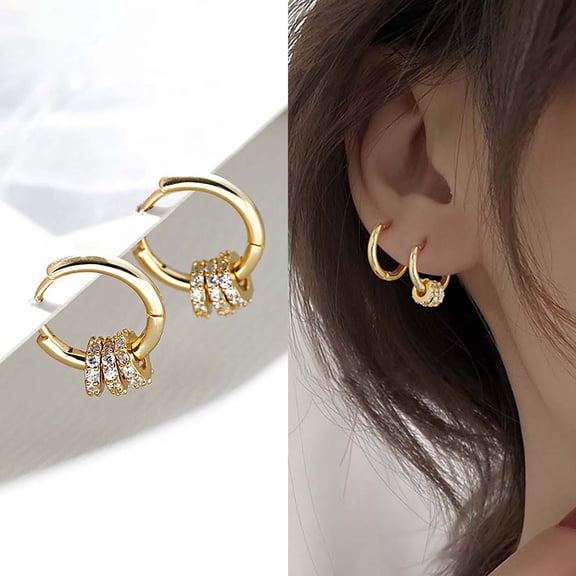 Minimalist Gold Huggie Hoop Earrings, Sterling Silver Hoops, Gold Huggie Hoops with Crystal Circle Dangling Charms, Simple Dainty Earrings