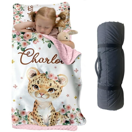 Custom Toddler Nap Mat for Preschool Personalized Name Kids Sleeping Bag with Foral Leopard Design for Daycare Roll Up Sleeping Mat with Removable Pillow and Soft Dot Minky Blanke for Girls Camping