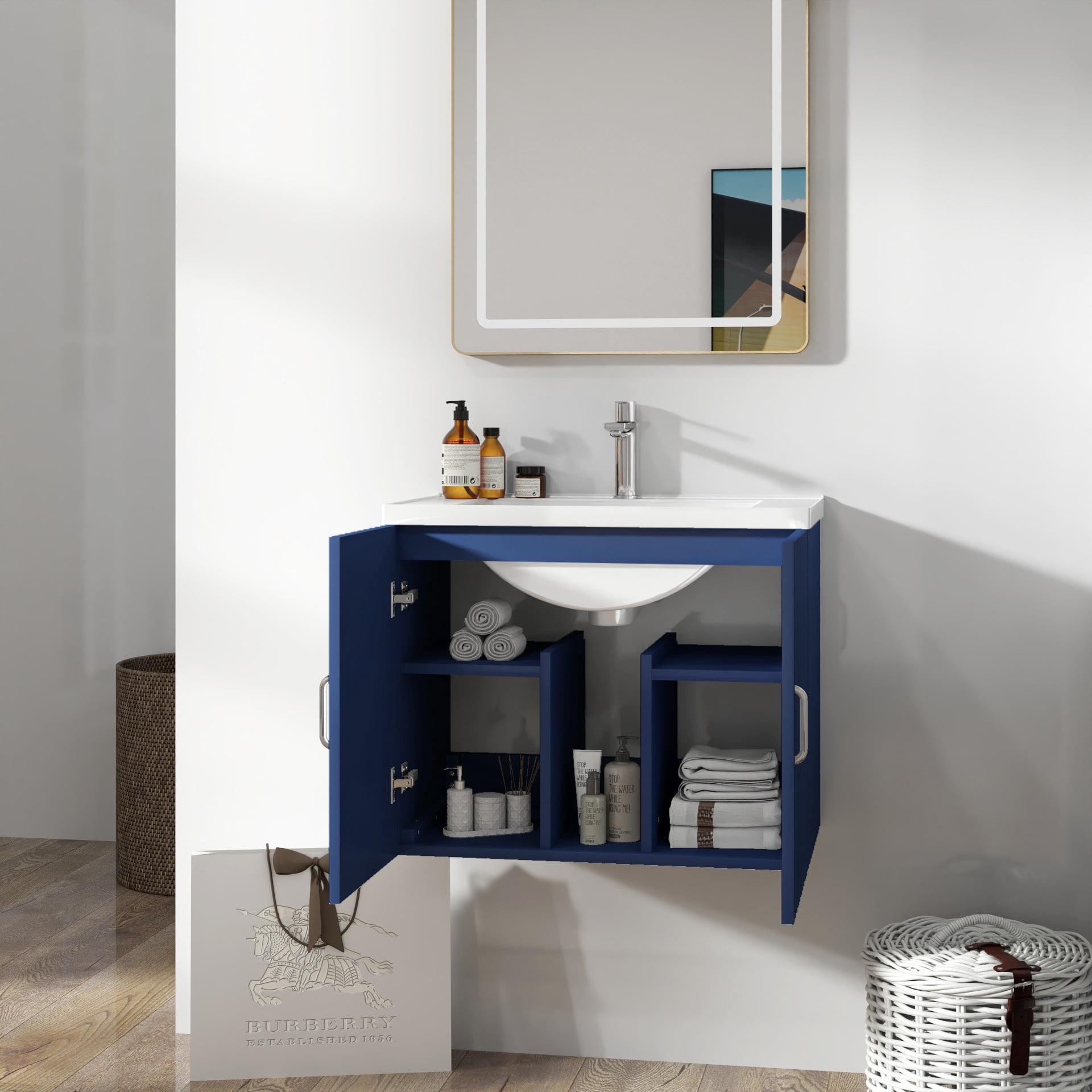 PORKISS 24” Bathroom Vanity, Modern Wall Mounted Floating Vanity with Porcelain Sink and Wood Soft Close Doors, Blue