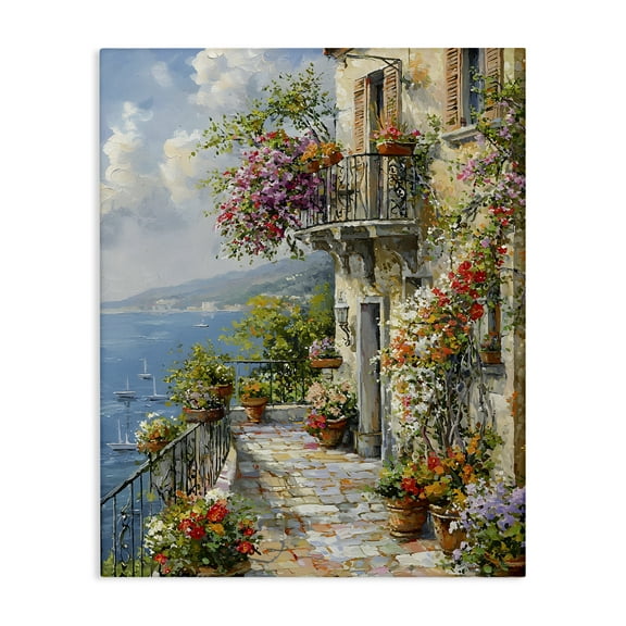 Stupell Industries Botanical Lined Seaside Cityscapes Painting Wrapped Canvas Canvas Art Print Wall Art, 16 x 20