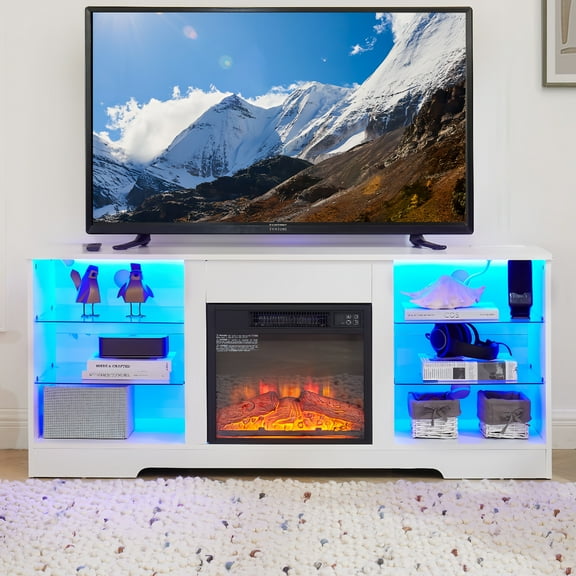 Fireplace TV Stand with LED Light for 60" TV, Wood TV Console Entertainment Center for Living Room, with Charging Outlet, Glass Shelves, Virtual Flame Fireplace, Media Console, White
