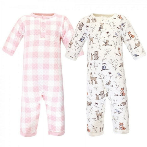 Hudson Baby Infant Girl Premium Quilted Coveralls 2pk, Enchanted Forest, 0-3 Months