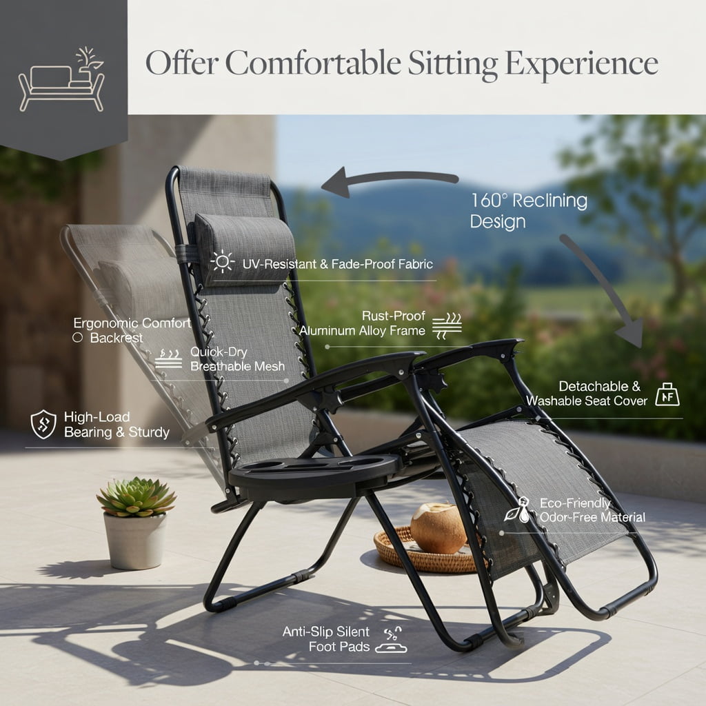 Hommoo 2-Pack Zero Gravity Folding Lounge Chairs with Adjustable Headrests, Breathable Waterproof Fabric, Heavy-Duty Steel Frame, Gray