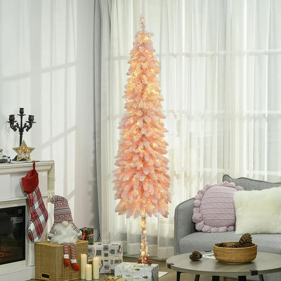 GVN Christmas Tree, Modern Christmas Tree,7' Pencil Prelit Artificial Christmas Tree with Snow Downswept Branches, Pink