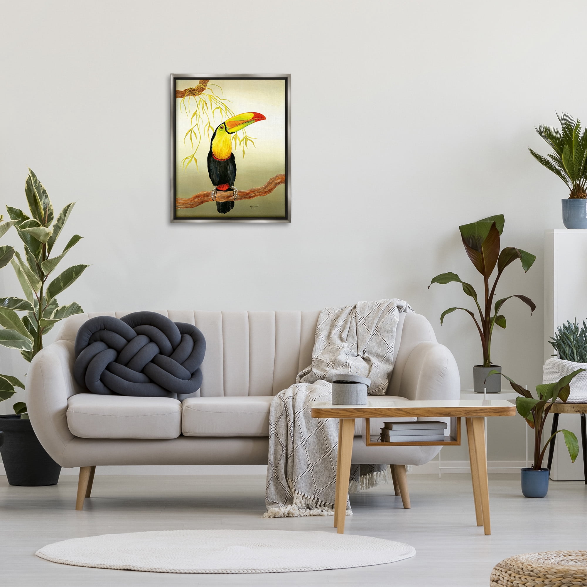 Stupell Industries Toucan on Forest Branch Animals & Insects Painting Gray Floater Framed Canvas Art Print Wall Art, 25 x 31