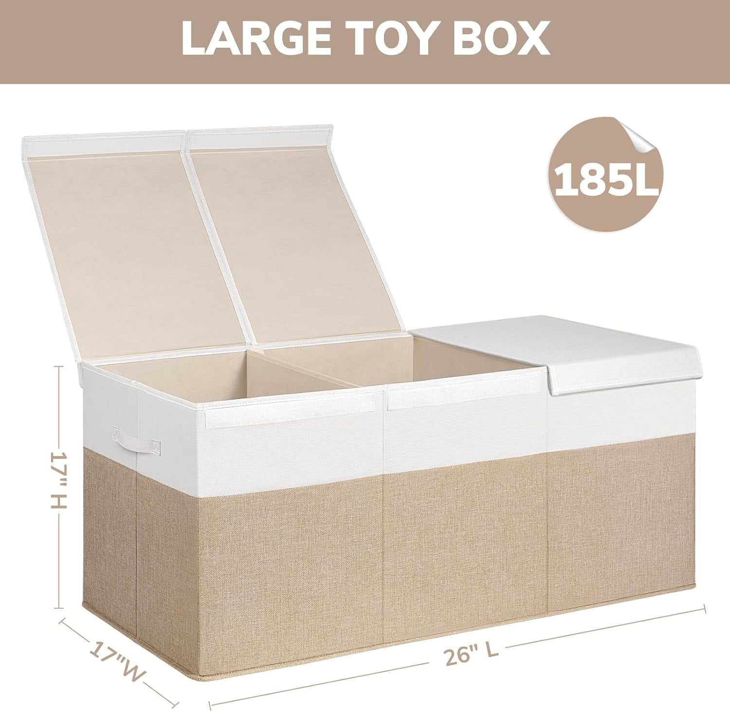 185L Extra Large Toy Box, Toy Storage Organizer Collapsible Storage Bins with Lids Toy Chest for Playroom, Living Room, Toy Baskets Storage Kids, Boys Girls 39" x 17" x 17" (Beige & White)