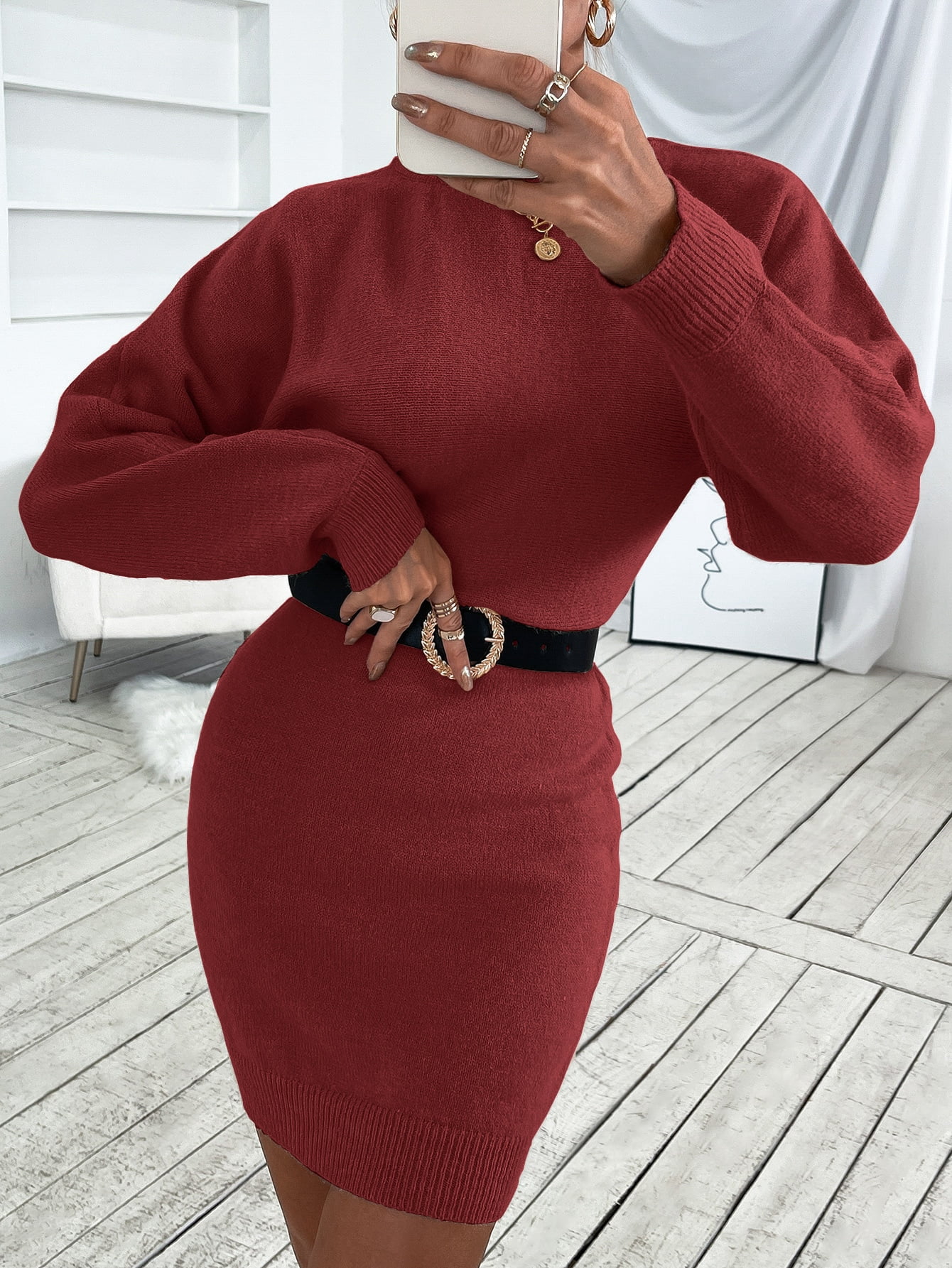 Solid Batwing Sleeve Sweater Dress 