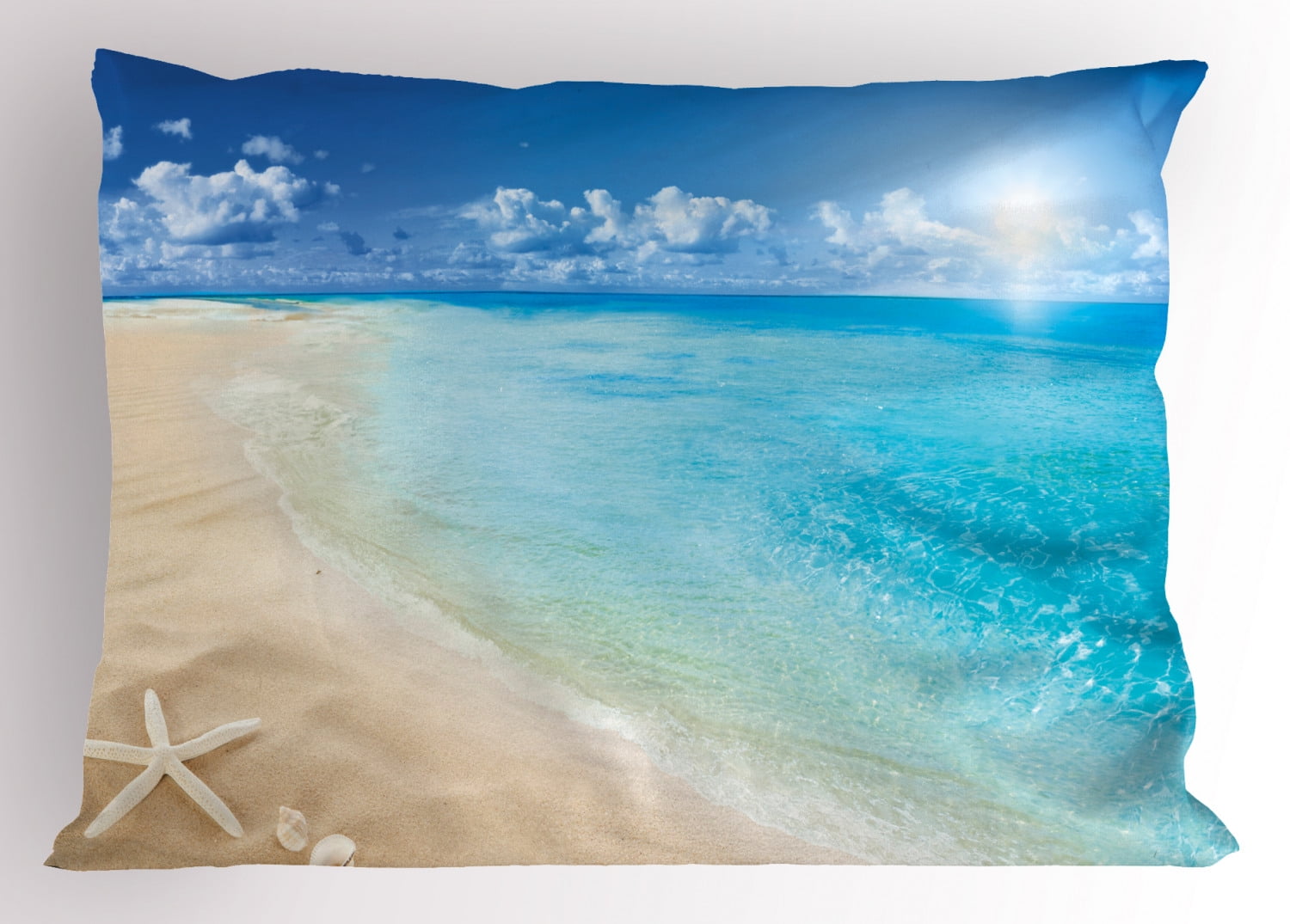 Beach Pillow Sham Sunny Summer Seashore with Clear Sky Seashells Starfish Clouds Aquatic Picture, Decorative Standard Size Printed Pillowcase, 26 X 20 Inches, Aqua Cream Blue, by Ambesonne