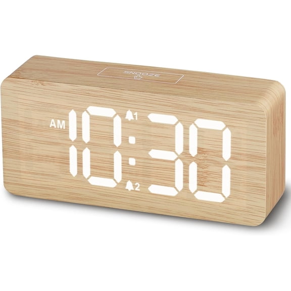 Wooden Digital Alarm Clocks for Bedrooms: Dimmable Dual Alarm Clock with Large Numbers for Bedside Desk - Loud Alarm for Heavy Sleepers with Volume Control