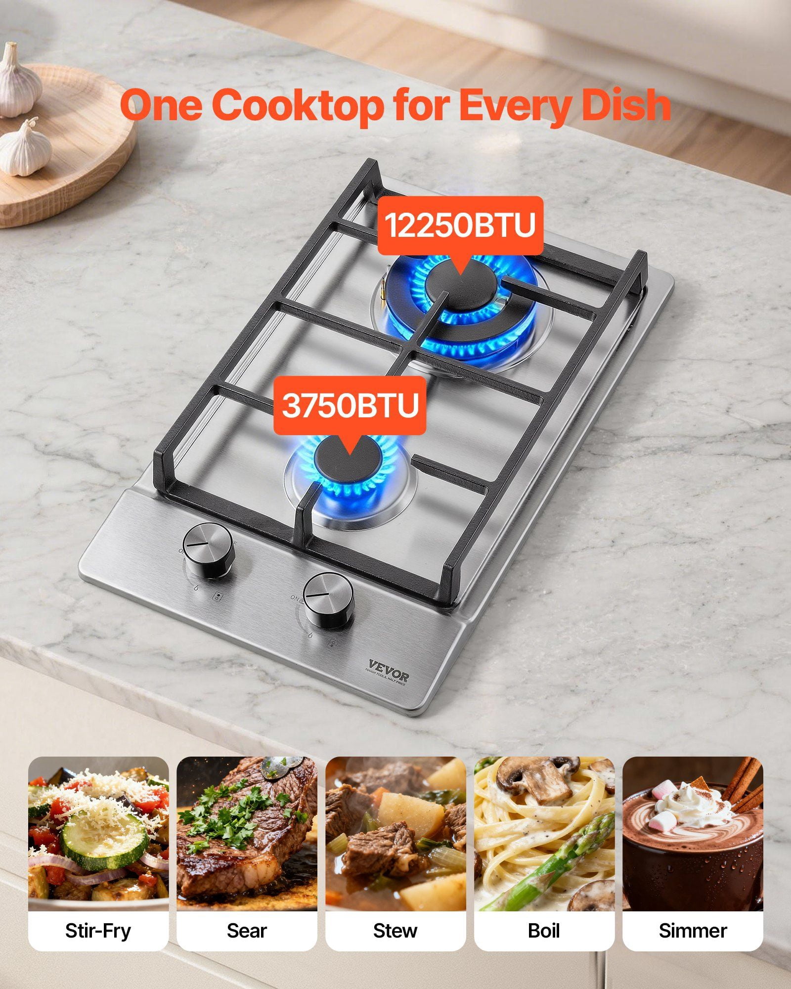 12 Inch Gas Cooktop 2 Burners 12250BTU Built In Stainless Steel LPG NG Convertible Dual Fuel Natural Gas Hob Thermocouple Protection Outdoor Kitchen Camping RV