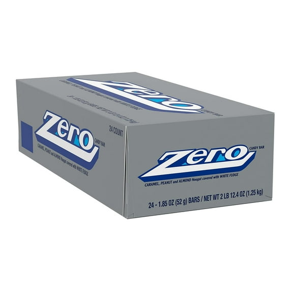 Zero Candy Bars 24 Pack 1.85 oz Each Caramel, Peanut, and Almond Nougat Covered with White Fudge Classic Retro Chocolate-Free Candy Bar