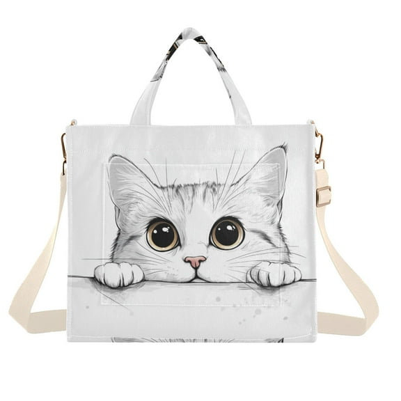 FORMRS Womens Corduroy Tote Bag Crossbody Shoulder Handbag with Pocket, White Cat