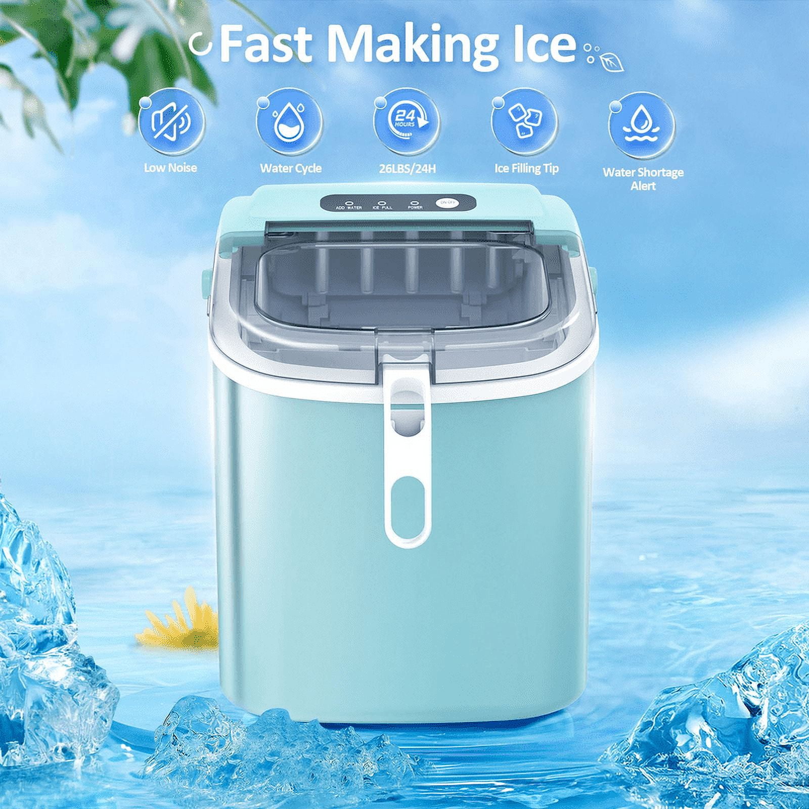 YUKOOL Countertop Ice Maker with Handle Portable Ice Maker, 26lbs/24 Hours, 6 Minutes/9 Ice Cubes, S/L Bullet Ice, Self Cleaning, Suitable for Home, Kitchen, Office, Leisure Area(GREEN)