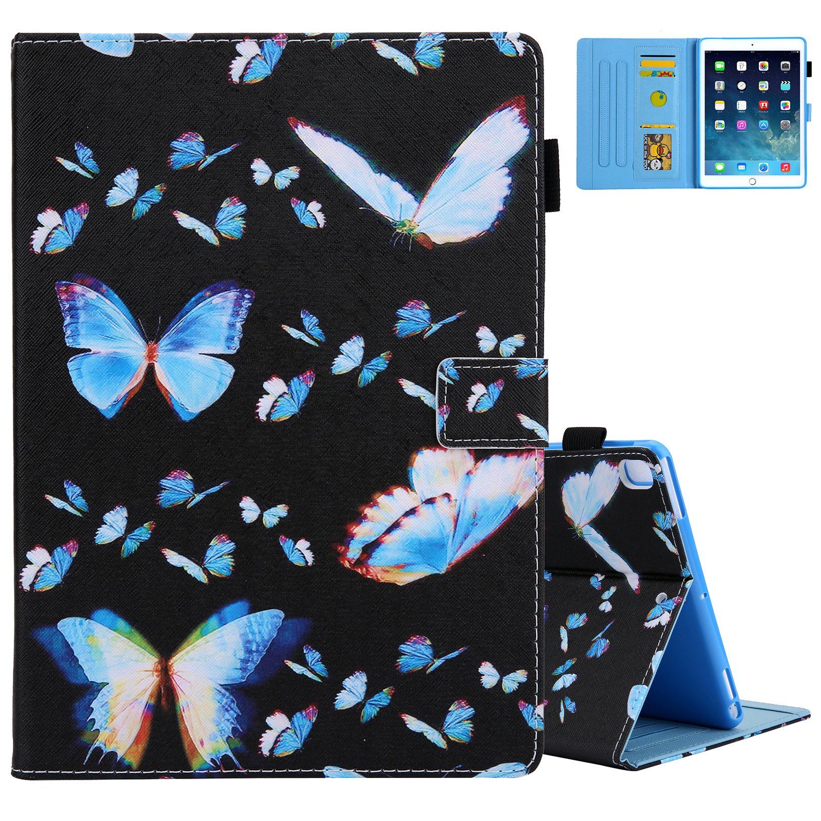 Smart Case for iPad 6th/5th Generation 2018 2017, iPad Air 2 Case 2014, iPad Air 1st Case 2013 - Protective Leather Wallet Fold Stand Slim Flip Cute Apple iPad 9.7 Inch Cover Case, Blue Butterflies