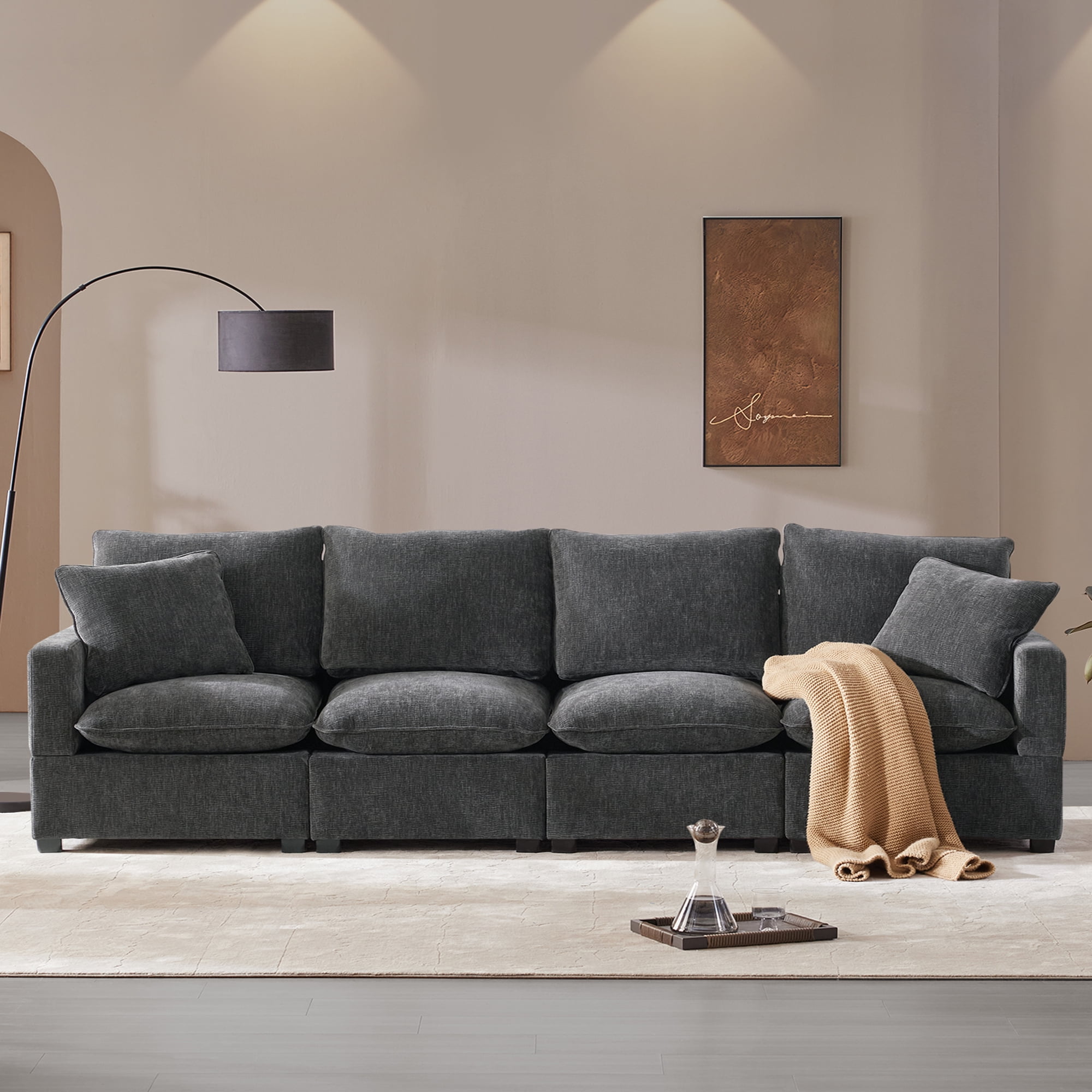 EUROCO 110" Modern Modular 4-seat Chenille Sofa Couch,Combinable Funiture with 2 Pillows, Large Sectional Couch for Living Room, Apartment, Office, Grey