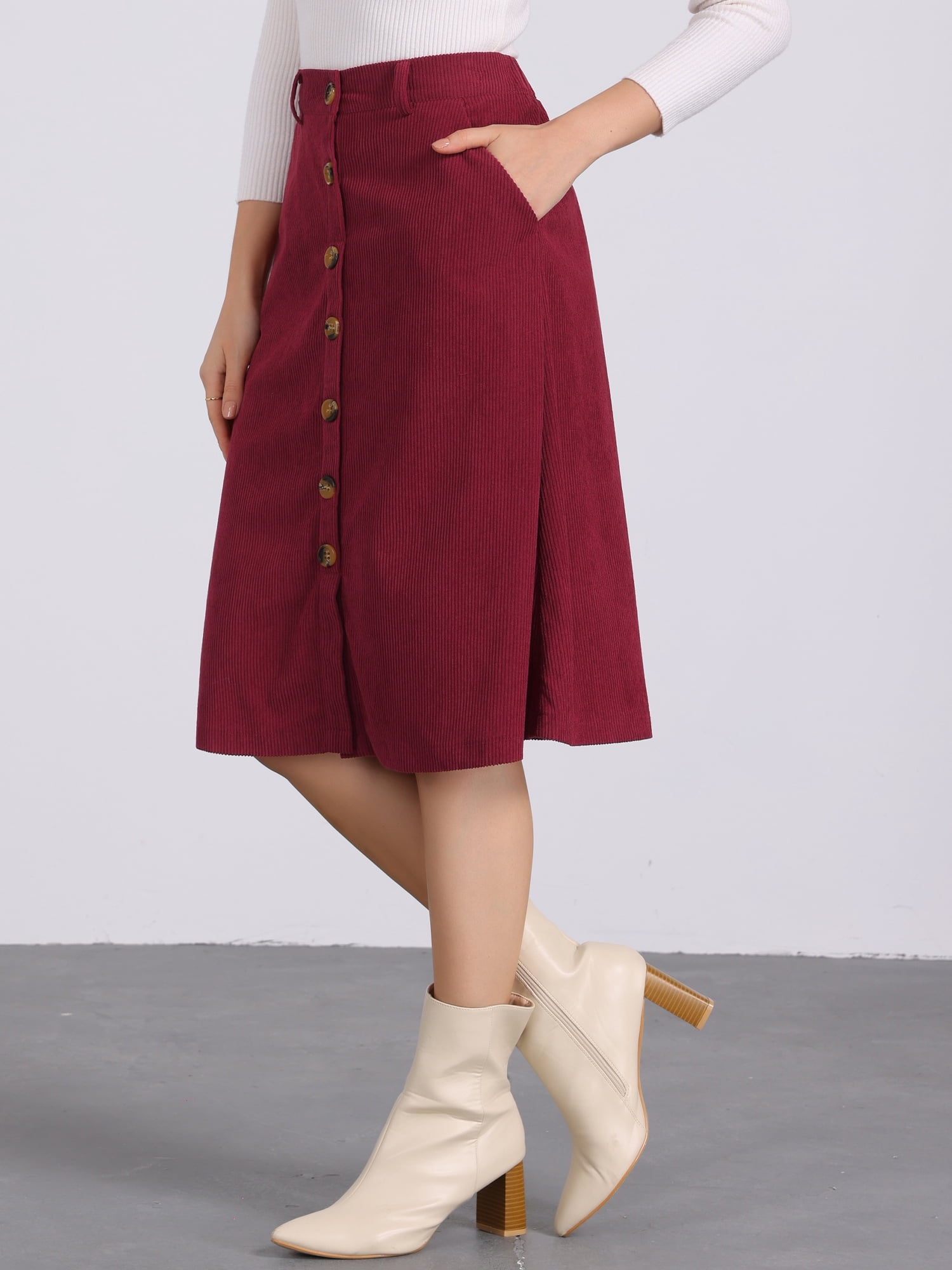 DARING DIVA Women's High Waist Button Front A-Line Belted Corduroy Skirt L Wine Red