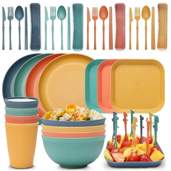 Wheat Straw Travel Dinnerware Set with Soup Bowl, Cup, & Utensils (Knife, Fork, Spoon, Chopsticks) - Portable, Durable, Easy to Clean, Stylish Minimalist Design - Ideal for Students, Home Use,