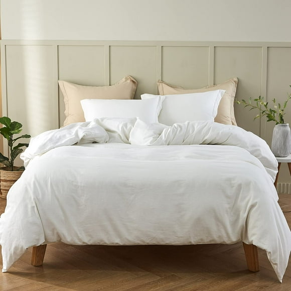 Simple&Opulence French Linen Duvet Cover Set - Full Size(78" x 86")- 3 Pieces (1 Comforter Cover,2 Pillowcases)- Natural Flax Cotton Blend-Solid Color Breathable Farmhouse Bedding-Off White
