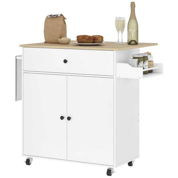 HOMCOM Kitchen Island with Drop Leaf and Adjustable Shelf, White