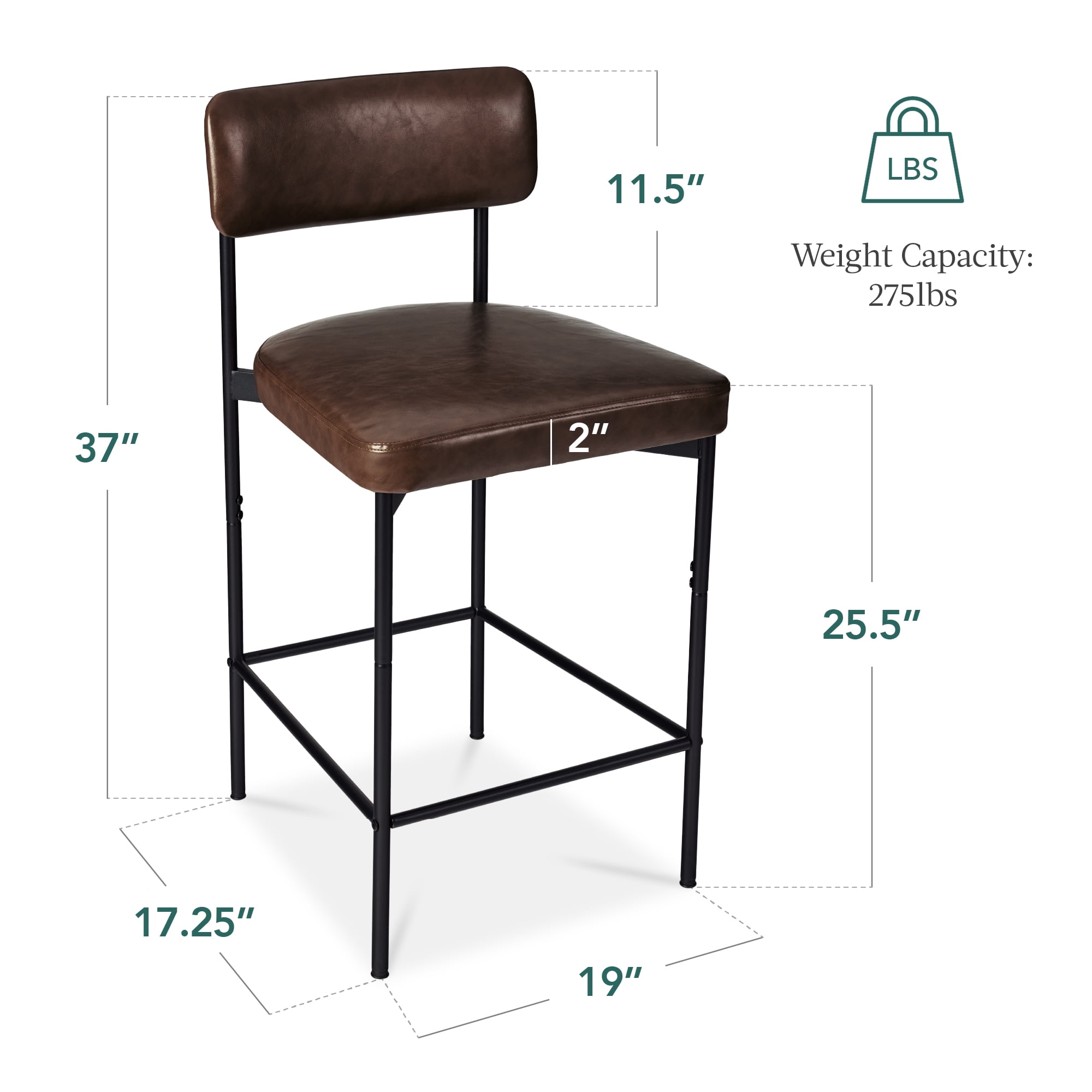Best Choice Products Set of 2, Armless Counter Height Bar Stools, Modern PU Faux Leather Stools - Mocha Brown