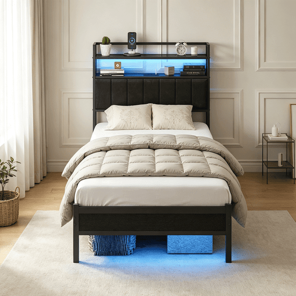 Twin Size Bed Frame with Charging Station and LED Lights, Metal Bed Frame with Headboard, White Upholstered Headboard with 2-Tier Storage Shelves, Noise Free, No Box Spring Needed, Black