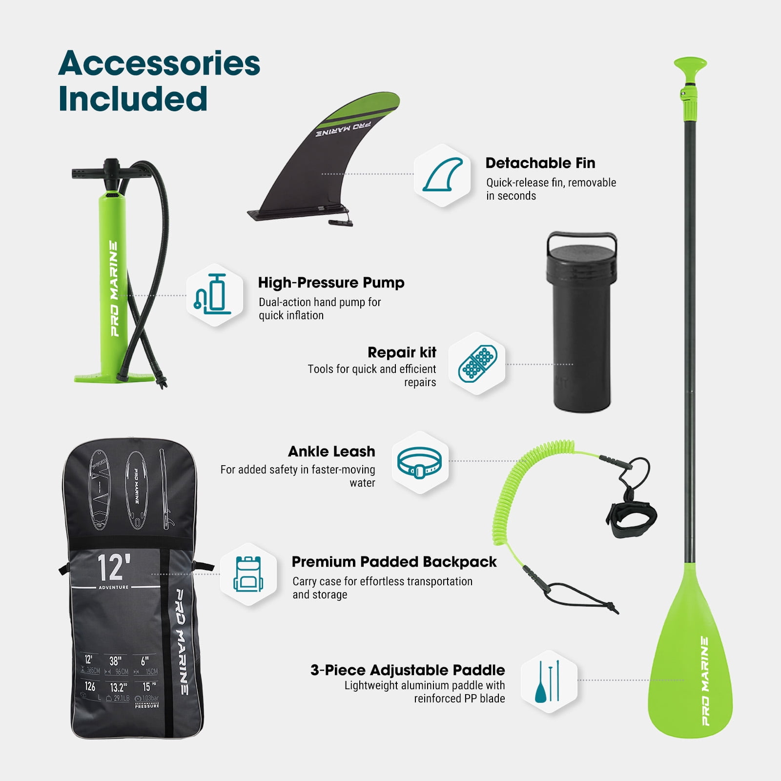 PRO MARINE 12' Inflatable Stand up Paddle Boards Adjustable Paddle SUP Carry Bag & Fast Pumping Green