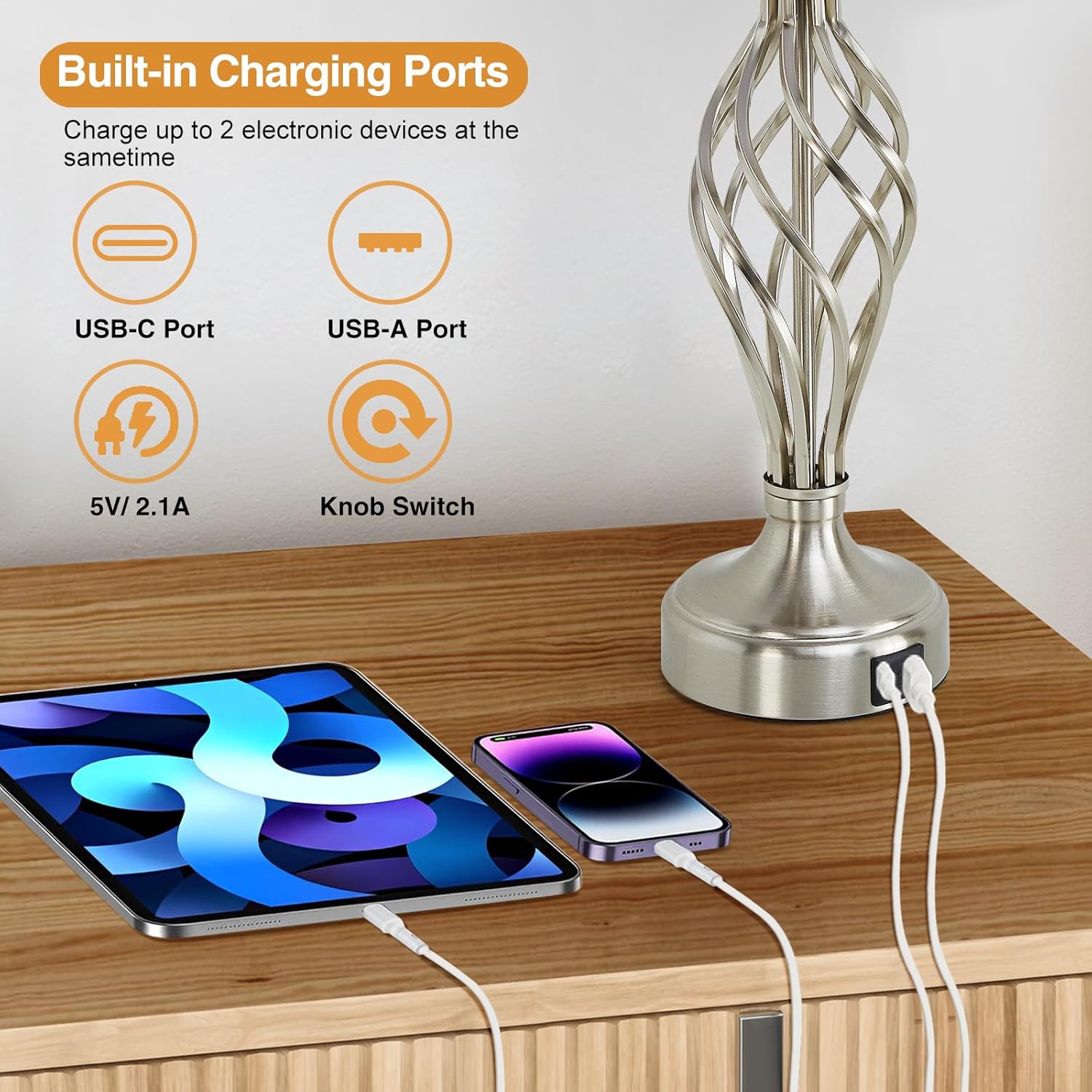 NATYSWAN Table Lamps with USB Ports, Set of 2, Silver photo 4