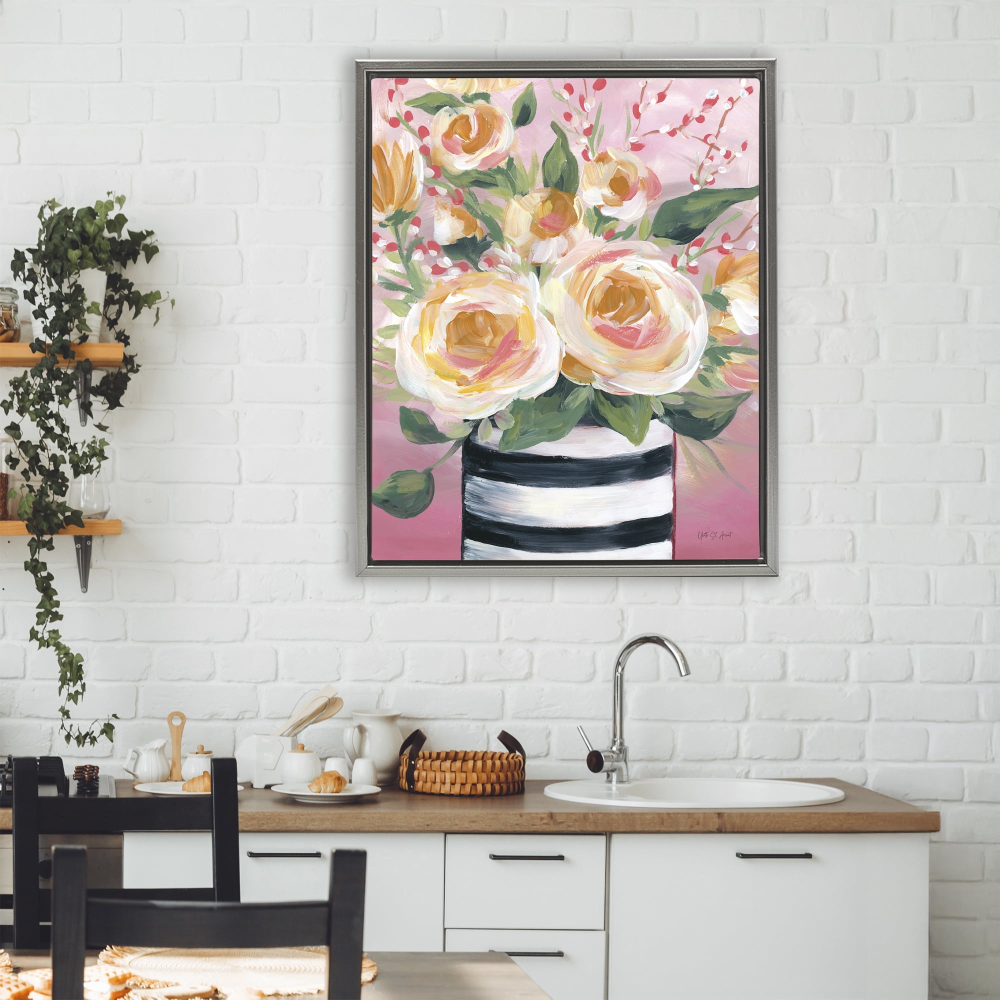 Stupell Industries Spring Blooms in Striped Vase Gray Framed Floater Canvas Wall Art, design by Yvette St. Amant