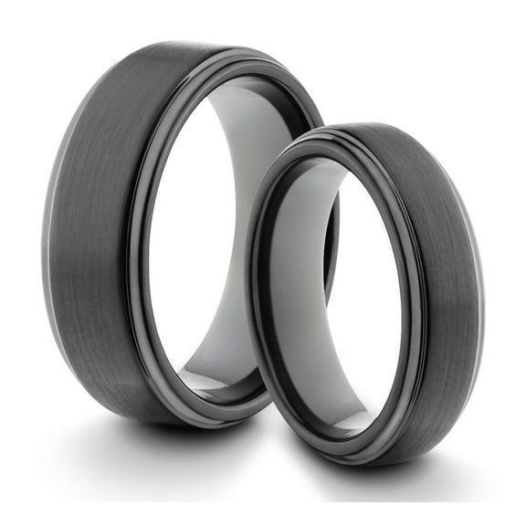 TungstenMasters Roberto Ferrini Design HIS & HERS 8MM/6MM Tungsten Carbide Black Brushed & Polished Comfort Fit Wedding Band TWO RING SET (Available Sizes 4 - 14 Including Half Sizes)