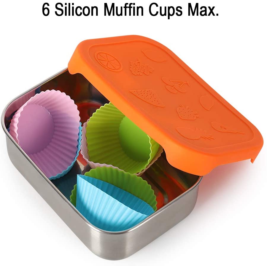 Stainless Steel Lunch Container, 28 oz Leak Proof Lunch Box Set with Orange Food Grade Silicone Lid and 6 Muffin Cups