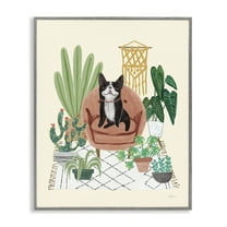 Stupell Industries Dog on Sofa with Plants Animals & Insects Painting Gray Framed Art Print Wall Art, 16 x 20