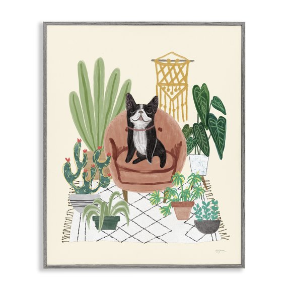 Stupell Industries Dog on Sofa with Plants Animals & Insects Painting Gray Framed Art Print Wall Art, 16 x 20
