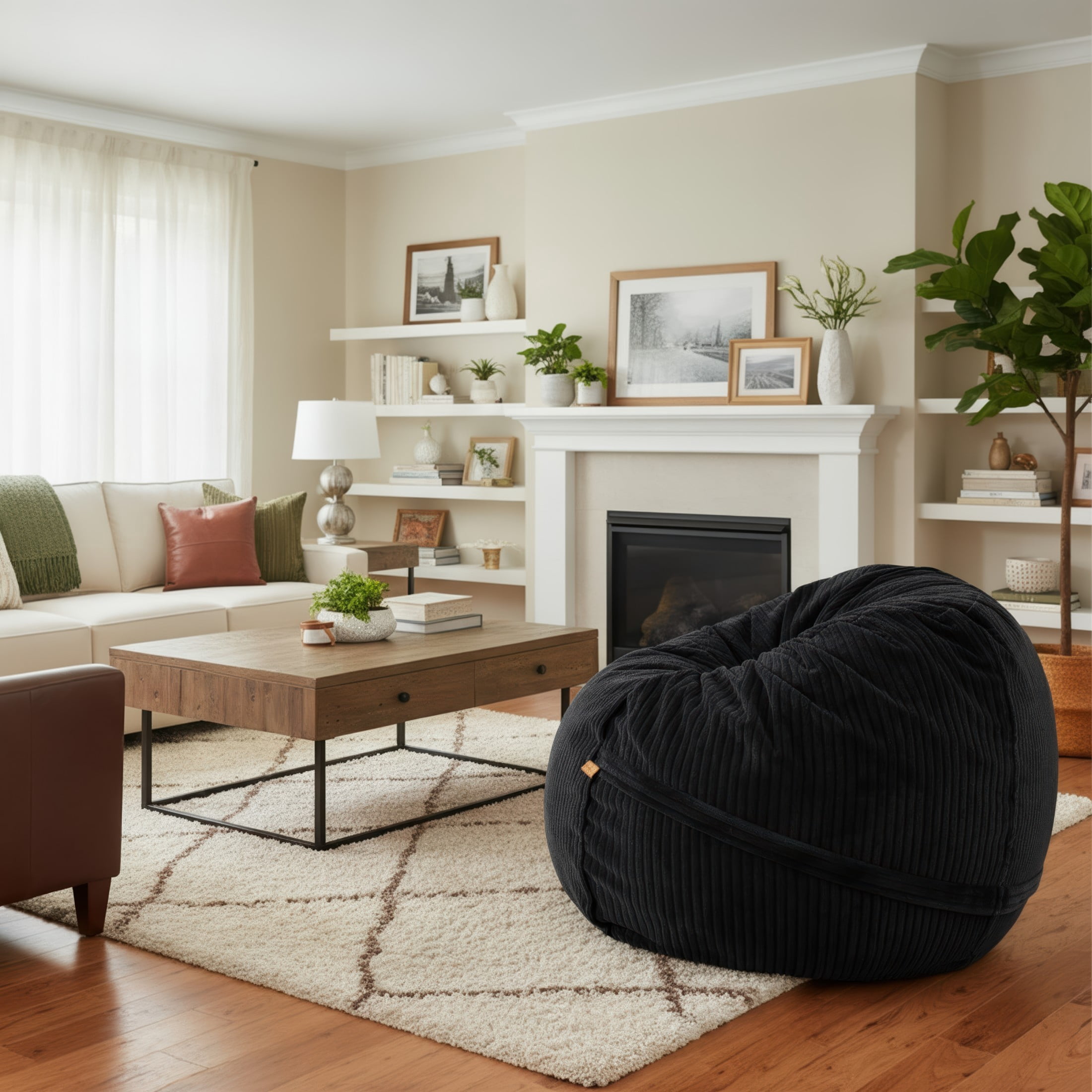 Luna 5 Foot X-Large Bean Bag Chair – Oversized Foam Lounger for Adults & Kids, Plush Corded Faux Fur, Black
