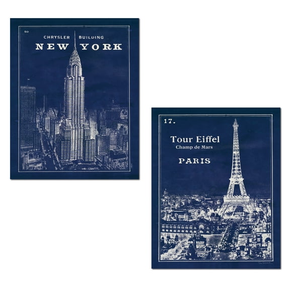 Blue and White NY Chrysler Building and Paris's Eiffel Tower Adult Decor; 2 - 11" x 14" Unframed Posters